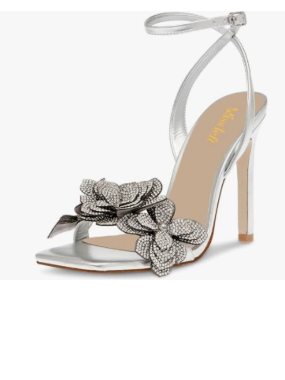 miss left Silver Rhinestones Stiletto Heel Sandals with Strap Buckle Flower Shoe
